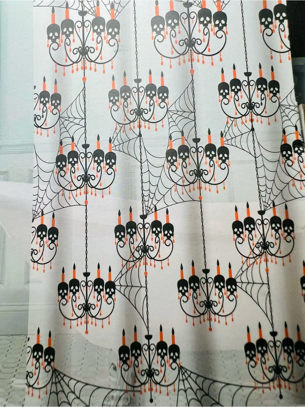 Halloween Skull Chandelier Peva Shower Curtain Black and Orange Metal Grommets